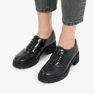 Women's black Saddle Shoes, croc embossed leather accents, chunky sole, EU 42